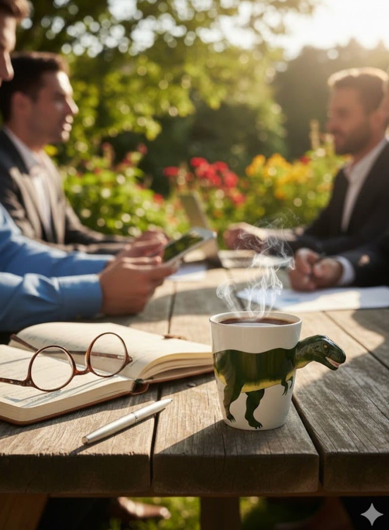 سولاري كوب قهوة سيراميك بمقبض ديناصور ثلاثي الأبعاد | كوب مبتكر بتصميم تي ريكس | كوب حيواني مصنوع يدويًا للشاي والقهوة | هدية فريدة للأطفال والكبار | أبيض | 350 مل - Image 3